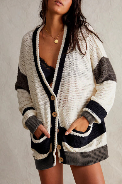 Knitted Pocket Color Matching Cardigan Sweater - Magic Moon Store