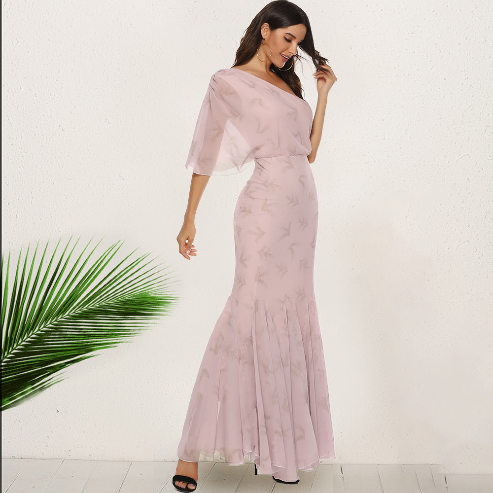 Bohemian Slant Shoulder Fishtail Gown Long Dress