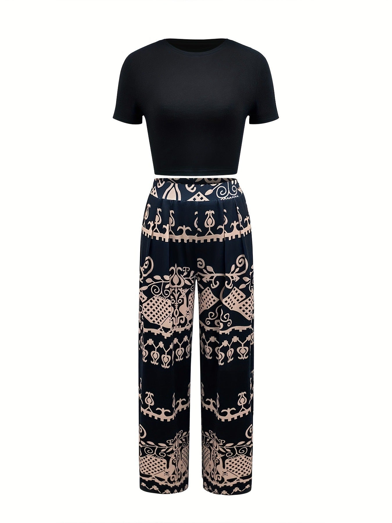 Printed Casual Short T-shirt & Wide Pants Set - Magic Moon Store