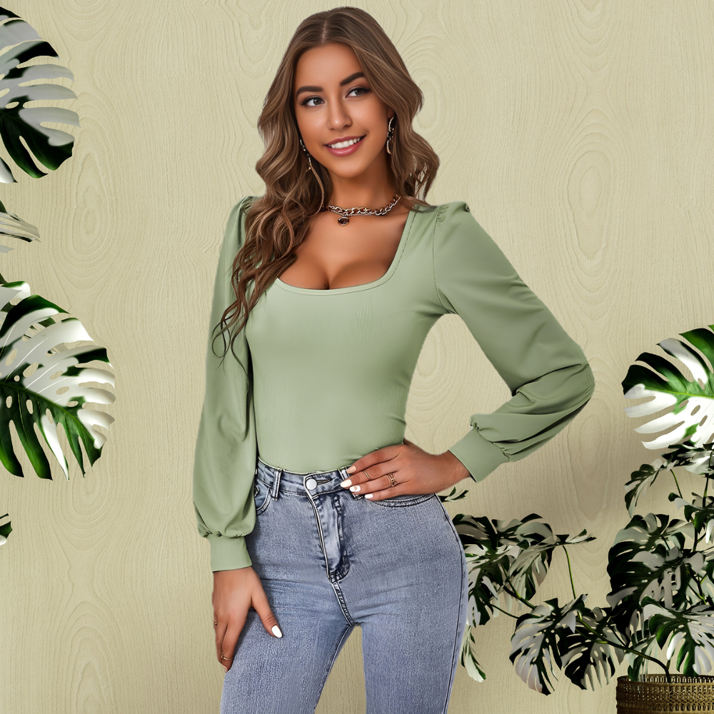 Avocado Green Puff Sleeve Knitted Top