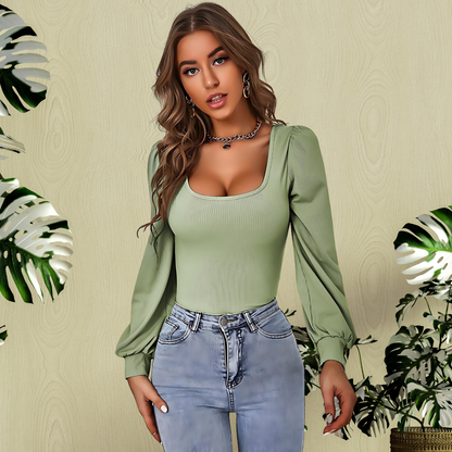 Avocado Green Puff Sleeve Knitted Top