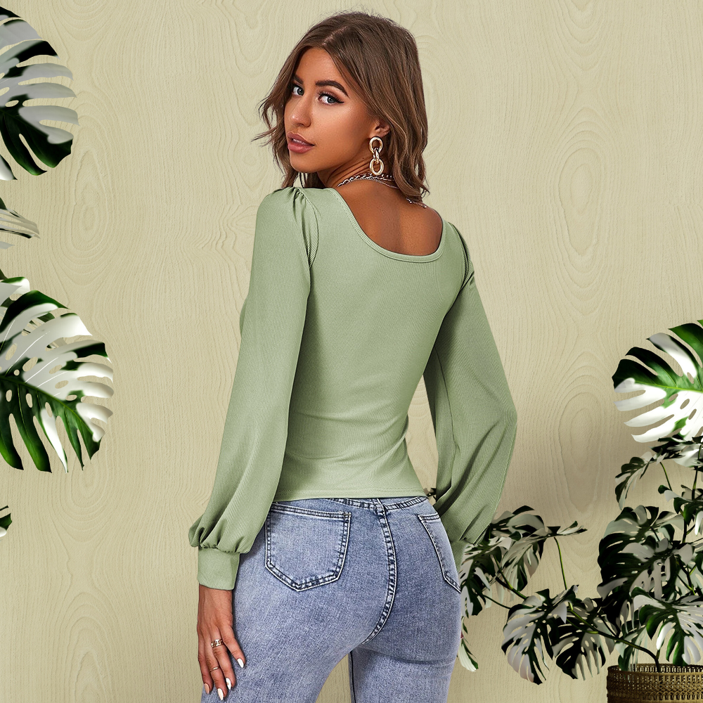 Avocado Green Puff Sleeve Knitted Top