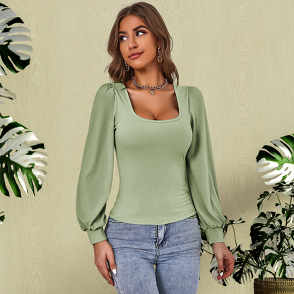 Avocado Green Puff Sleeve Knitted Top