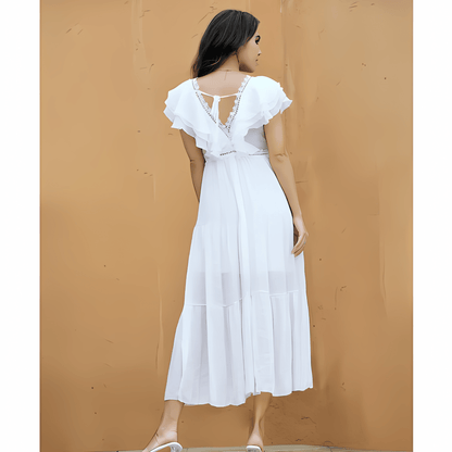 Short Sleeve Dress White Lace V-neck