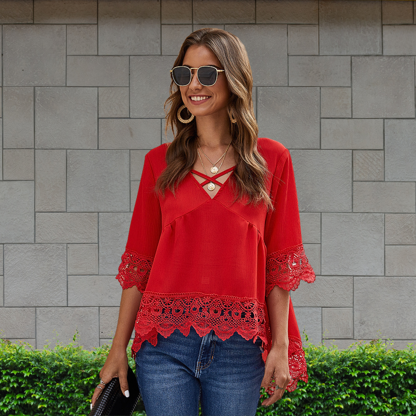 Chiffon Half Sleeve Lace Hollow Blouse