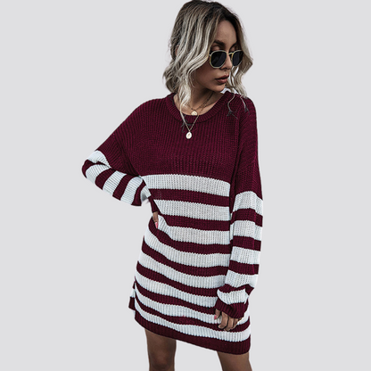 Long-sleeved Striped Round Neck Knitted Sweater Dress