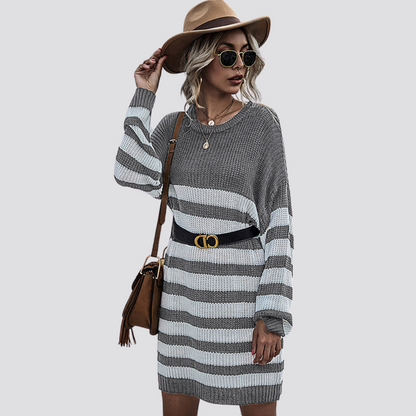 Long-sleeved Striped Round Neck Knitted Sweater Dress