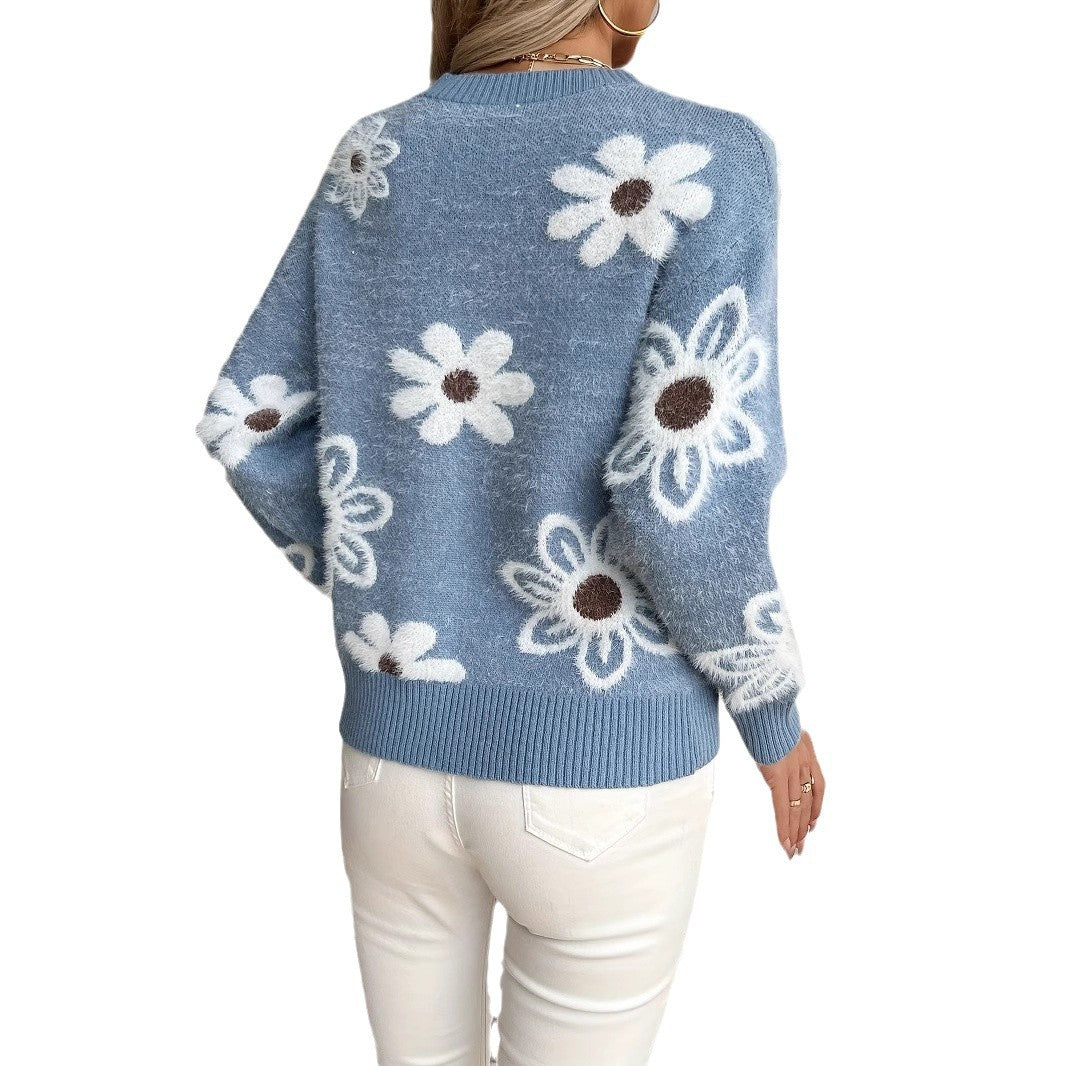 Elegant Flowers Knitted Sweater Fashion Casual