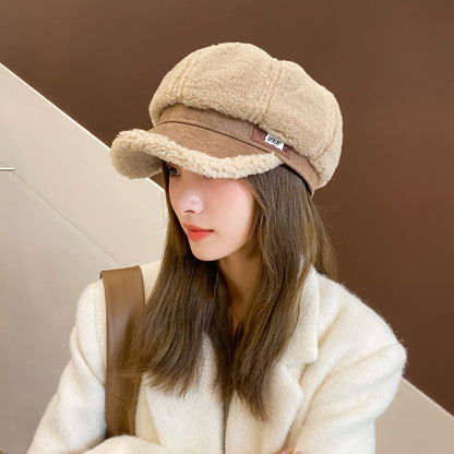 Faux Cashmere Leather Tag Octagonal Winter Warm Peaked Cap