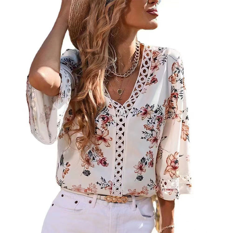 Loose V-neck Trumpet Sleeve Lace Blouse