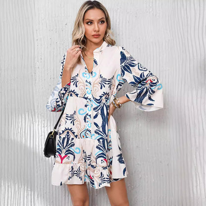 Loose Printed Mid-length Stand Collar Shirt Dress