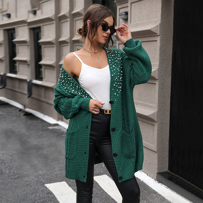 Pattern Knitted Jacket Mid-length Beaded Sweater Cardigan