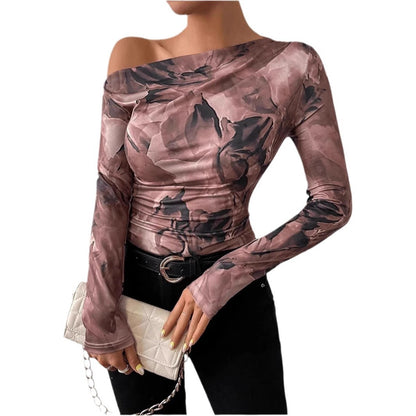 Tie-dye Printed Asymmetric Ruffled Long-sleeved T-shirt