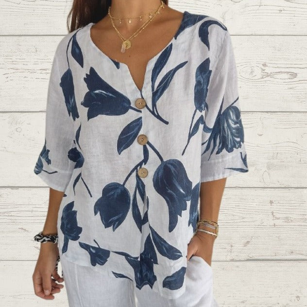 Printed Cotton And Linen V-neck Shirt