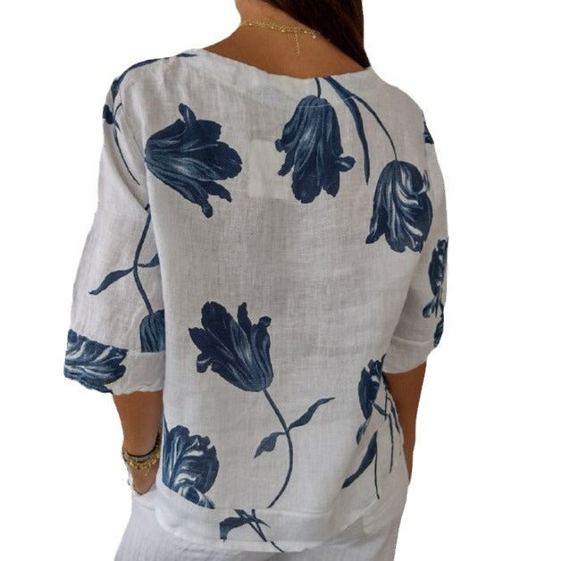 Printed Cotton And Linen V-neck Shirt