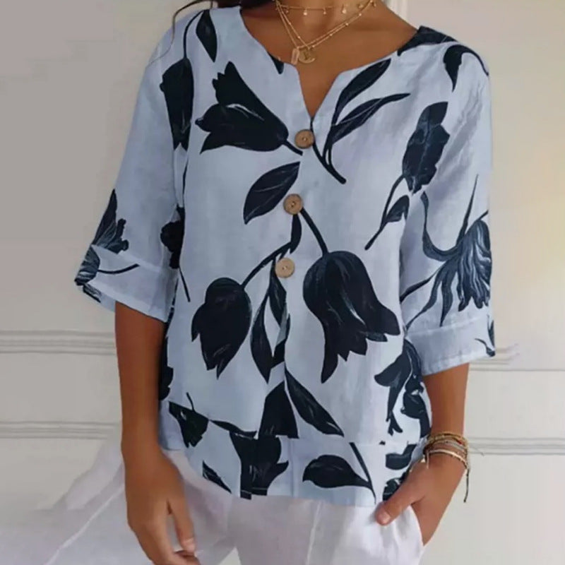 Printed Cotton And Linen V-neck Shirt