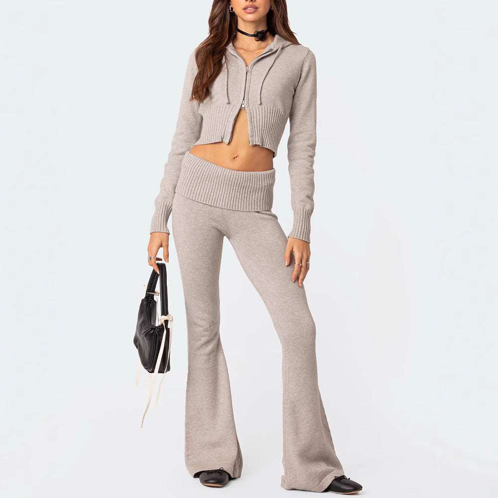 Knitted Hooded Long Sleeve Zipper Cropped Top And Slim Flared Pants Set