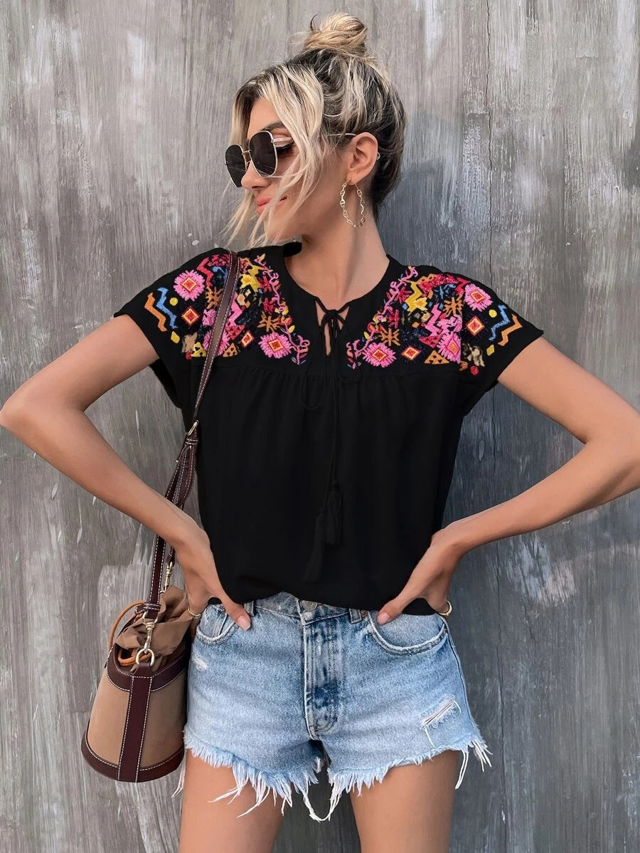 Embroidered Tassel Led Bat Wing Sleeve T-Shirt