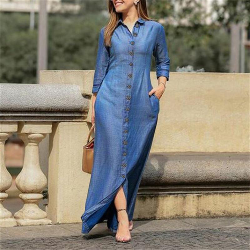 Lapel Cardigan Solid Color Long Denim Dress