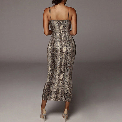 V-neck Backless Strap  Leopard Print Dress