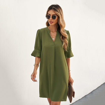 Chiffon Loose Casual V-neck Short Sleeve Knee-length Dress