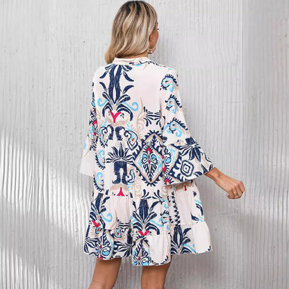 Loose Printed Mid-length Stand Collar Shirt Dress