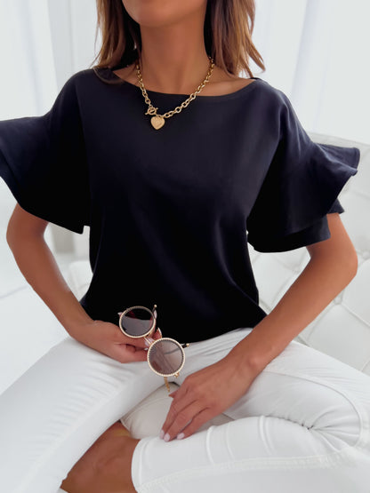 Loose Trumpet Sleeve Round Neck Solid Color Blouse MAGIC MOON STORE