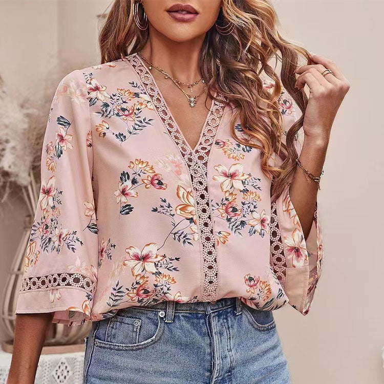 Loose V-neck Trumpet Sleeve Lace Blouse