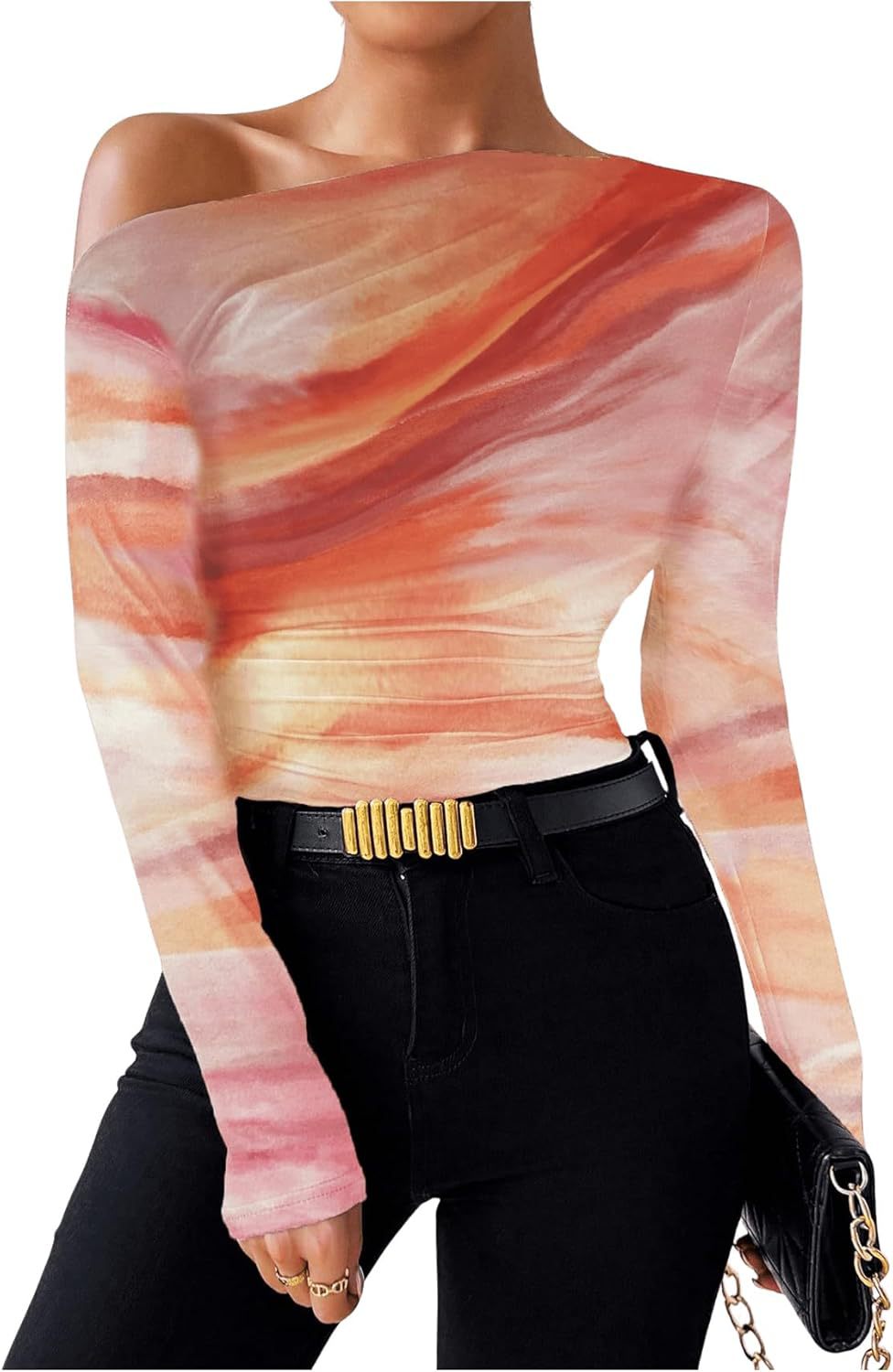 Tie-dye Printed Asymmetric Ruffled Long-sleeved T-shirt