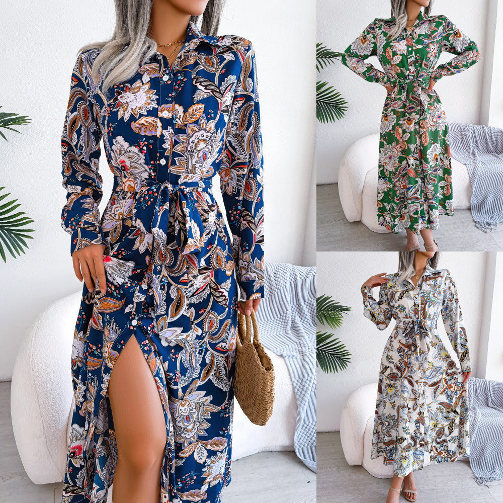 Retro Flower Lapel Lace-up Shirt Dress Long Dress