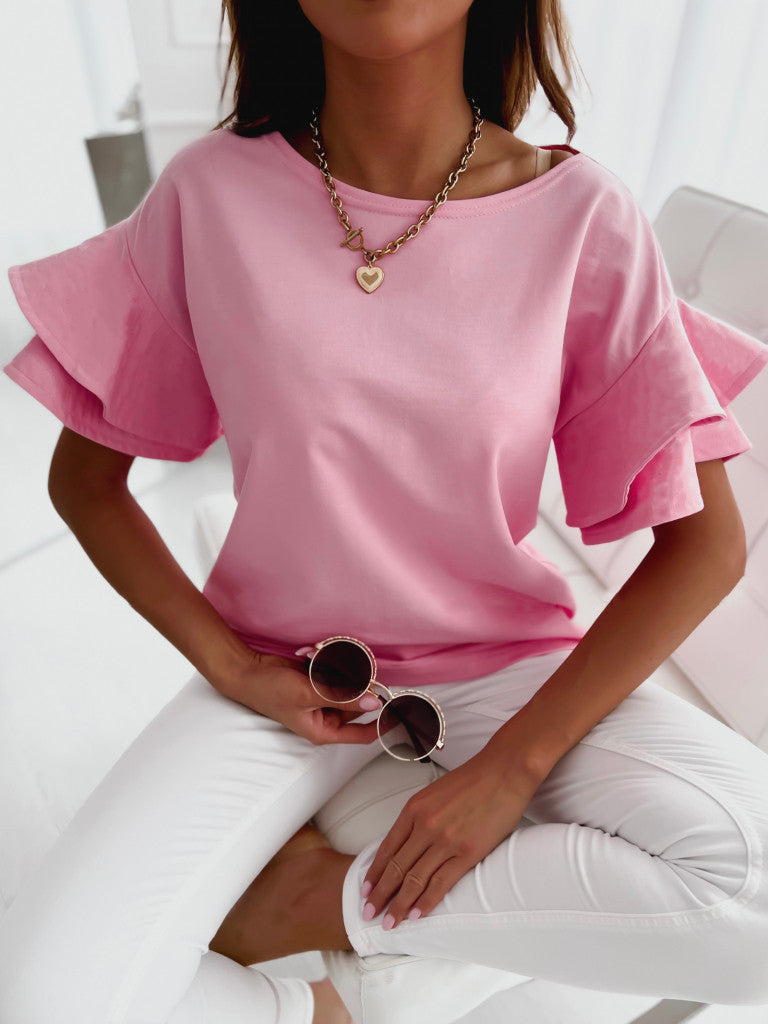 Loose Trumpet Sleeve Round Neck Solid Color Blouse MAGIC MOON STORE