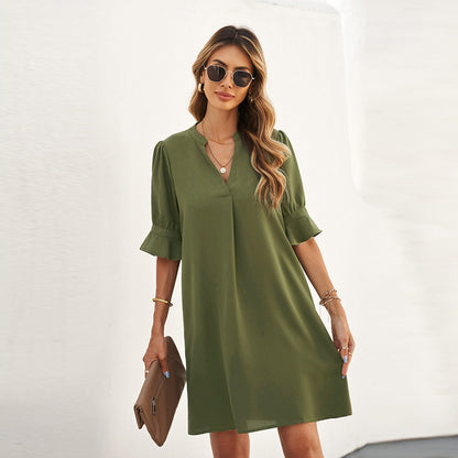 Chiffon Loose Casual V-neck Short Sleeve Knee-length Dress