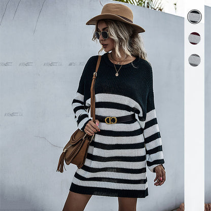 Long-sleeved Striped Round Neck Knitted Sweater Dress