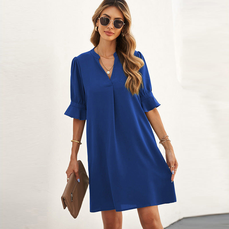 Chiffon Loose Casual V-neck Short Sleeve Knee-length Dress