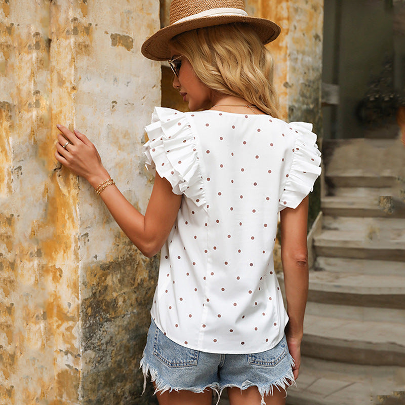 Polka Dot Round Neck Straps Short-sleeved Blouse