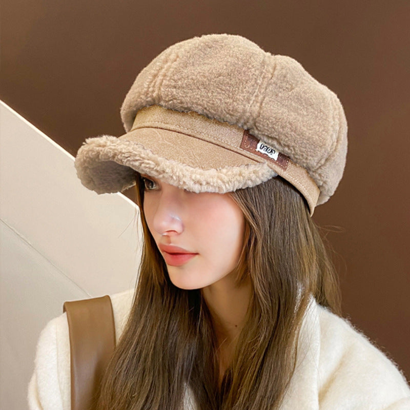 Faux Cashmere Leather Tag Octagonal Winter Warm Peaked Cap