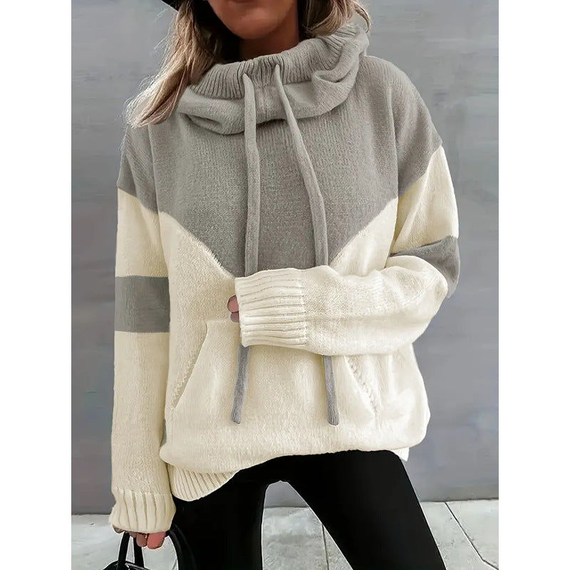 Fashion Two Color Hoodie With Drawstrings Sweater For Women