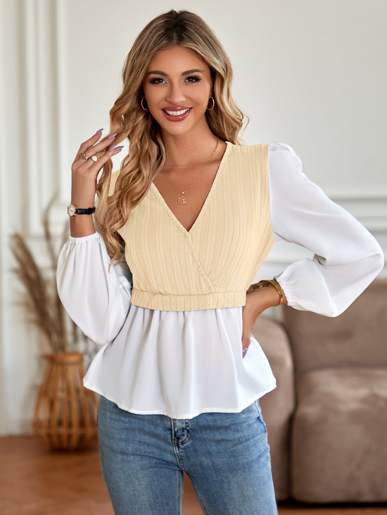 Casual V-neck Splicing Long-sleeved Blouse