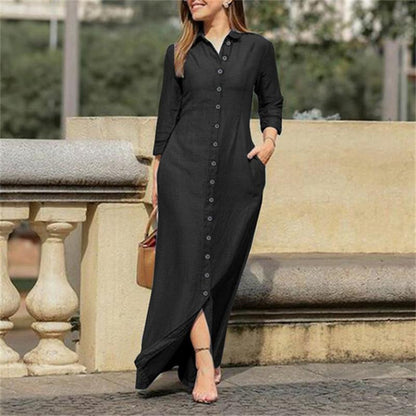 Lapel Cardigan Solid Color Long Denim Dress