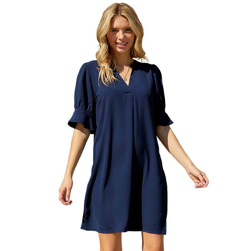 Chiffon Loose Casual V-neck Short Sleeve Knee-length Dress