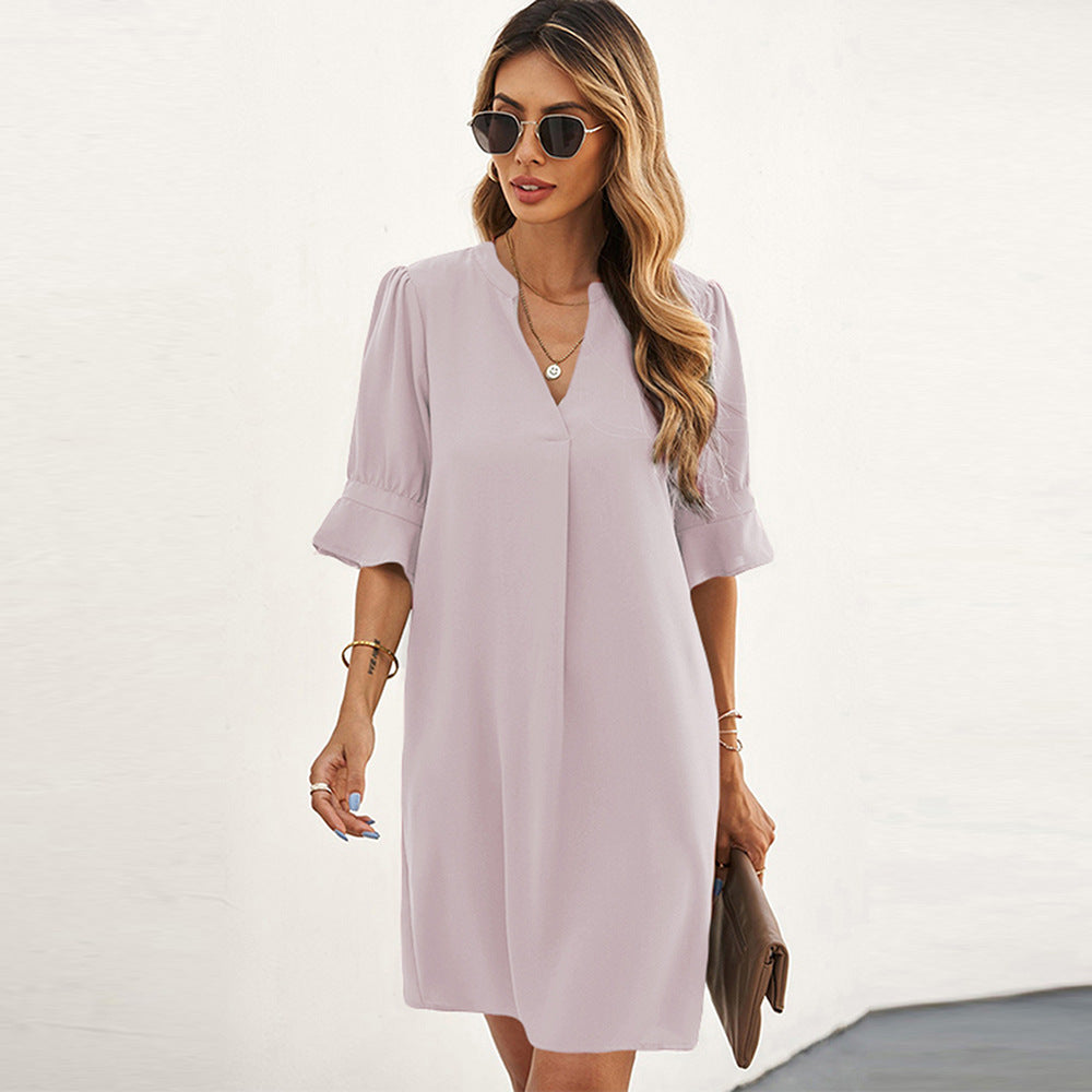 Chiffon Loose Casual V-neck Short Sleeve Knee-length Dress