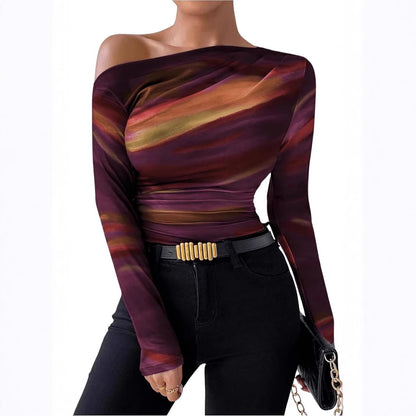 Tie-dye Printed Asymmetric Ruffled Long-sleeved T-shirt