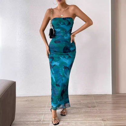 Pleated Tight Split Strapless Tube-length Dress