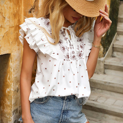 Polka Dot Round Neck Straps Short-sleeved Blouse