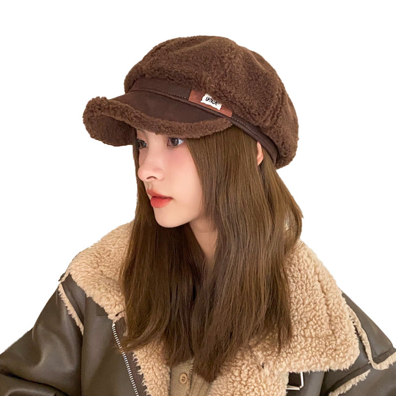 Faux Cashmere Leather Tag Octagonal Winter Warm Peaked Cap