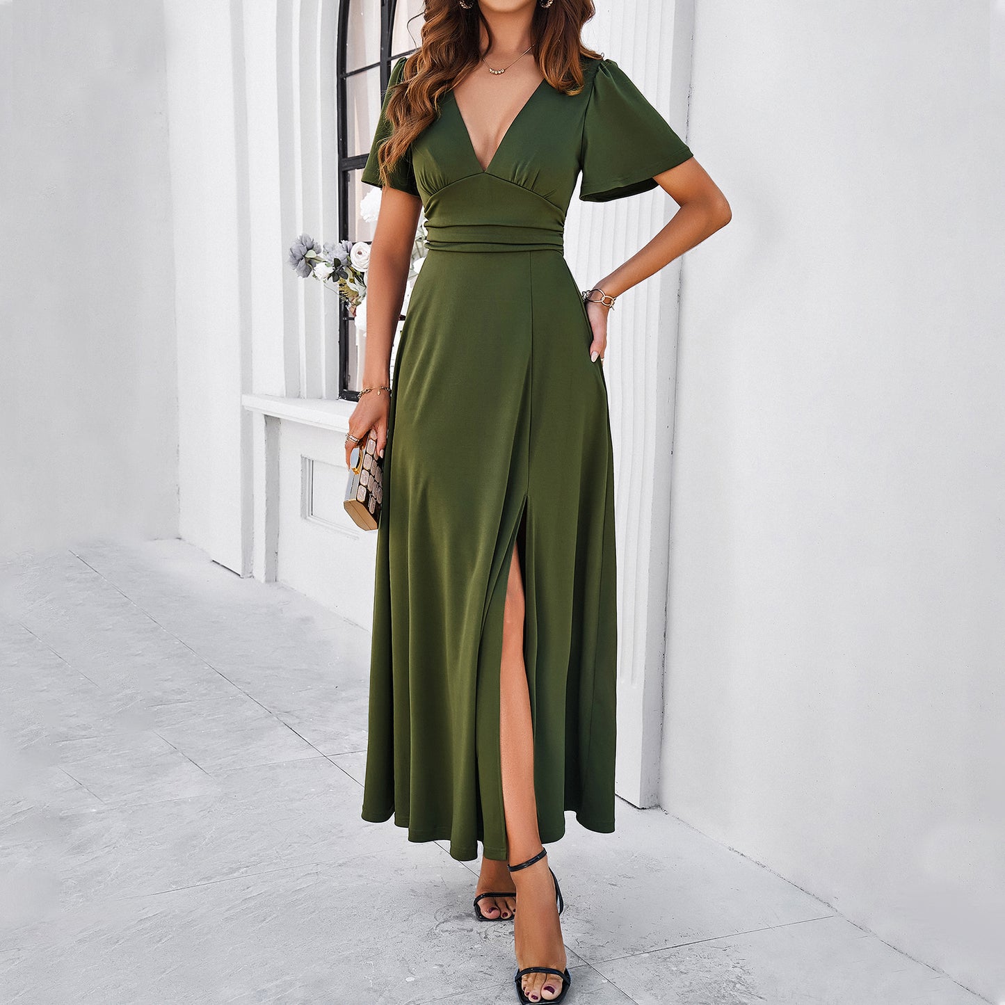 Solid Color Slim V-neck Dress