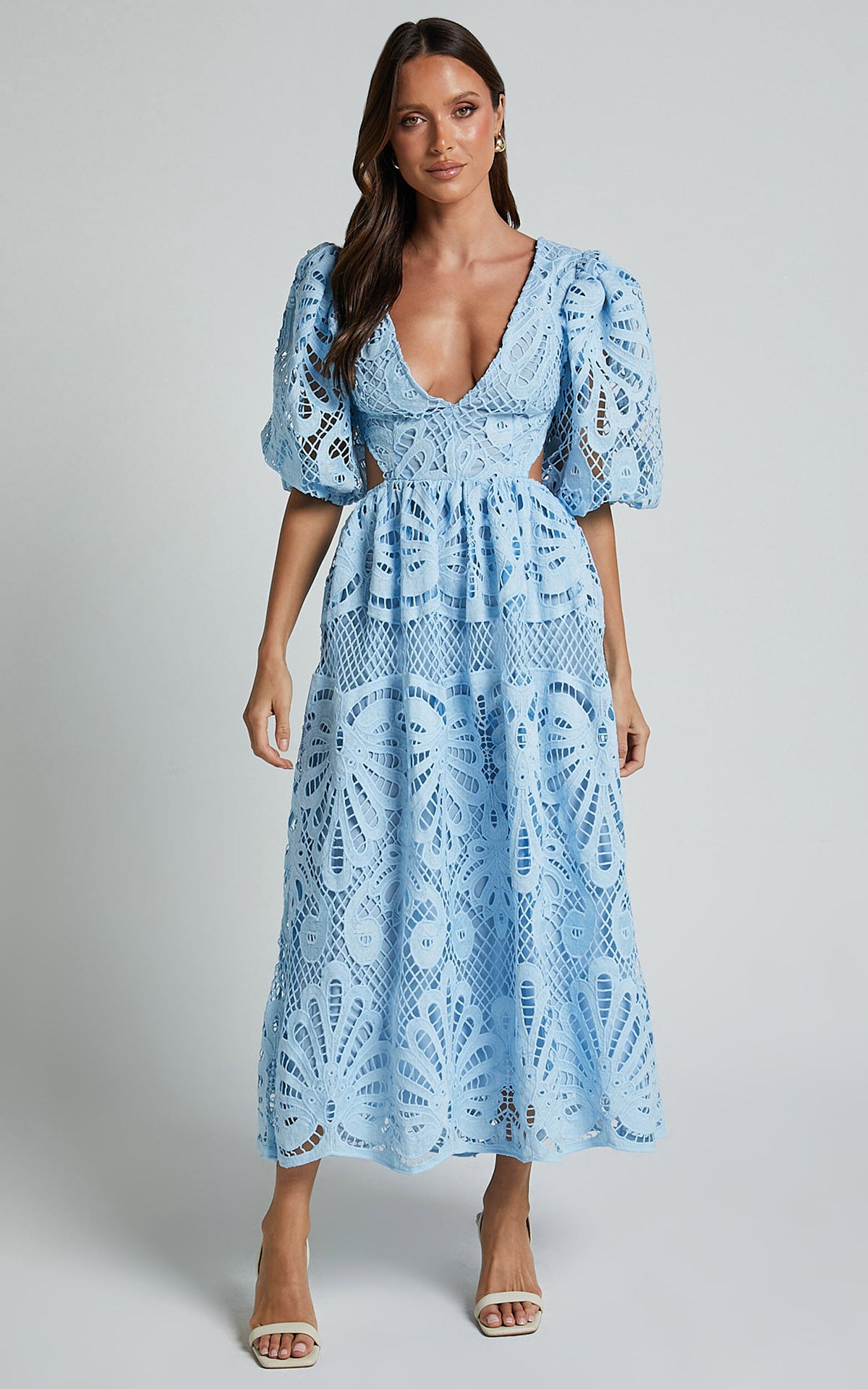 Hollow-out  V-neck Lace Embroidered Waist-exposed Dress