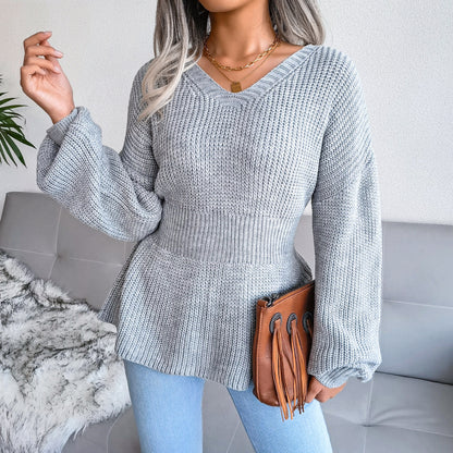 Lantern Sleeves Waist Hem Ruffled Knitted Sweater