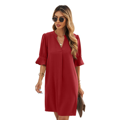 Chiffon Loose Casual V-neck Short Sleeve Knee-length Dress