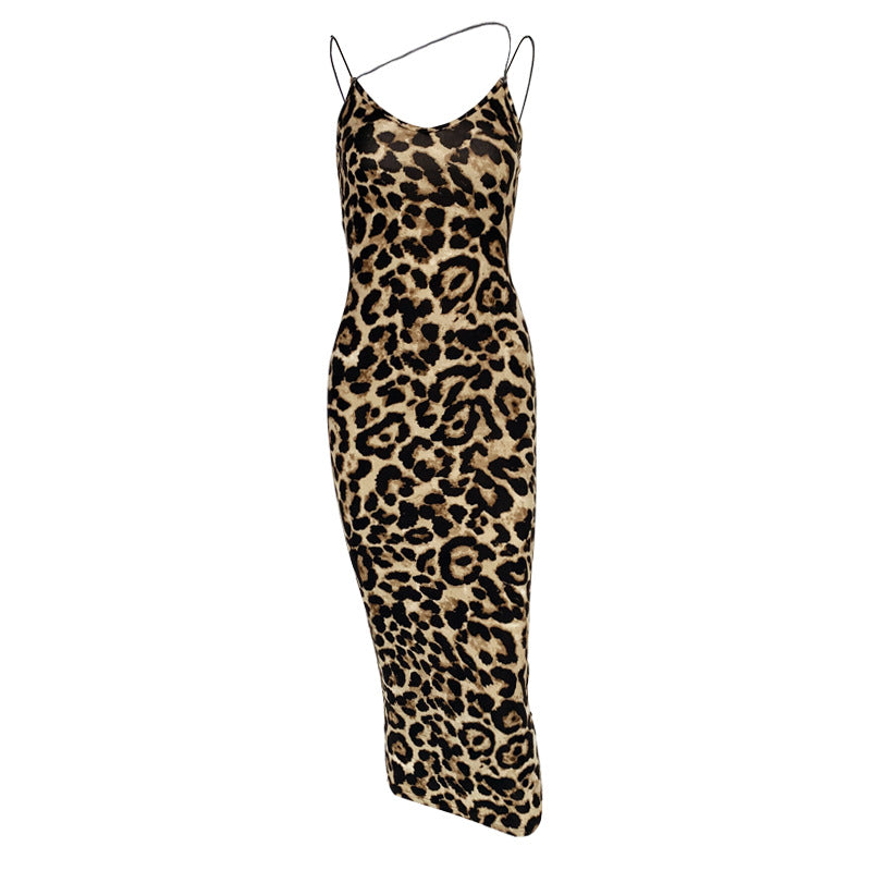 V-neck Backless Strap  Leopard Print Dress